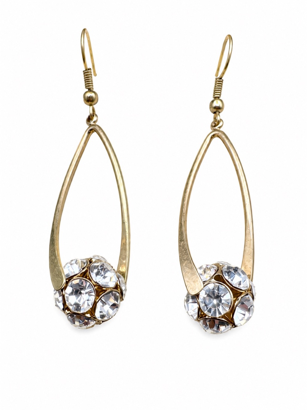 Vintage Gold Tone Teardrop Rhinestone Orb Dangle Earrings 2" Drop